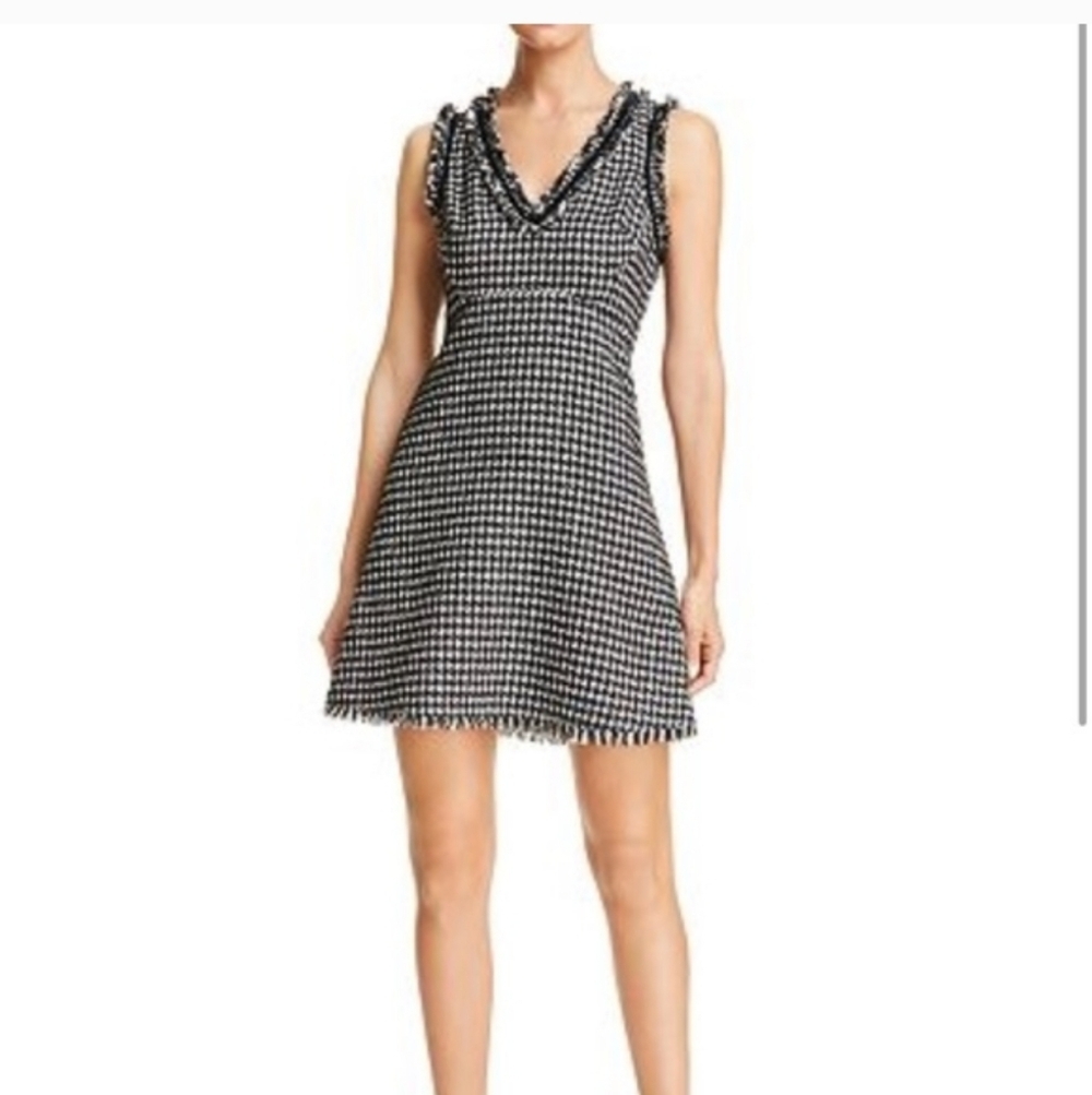 New Kate Spade Houndstooth Tweed Dress Black & White Fringe V-Neck Size 12